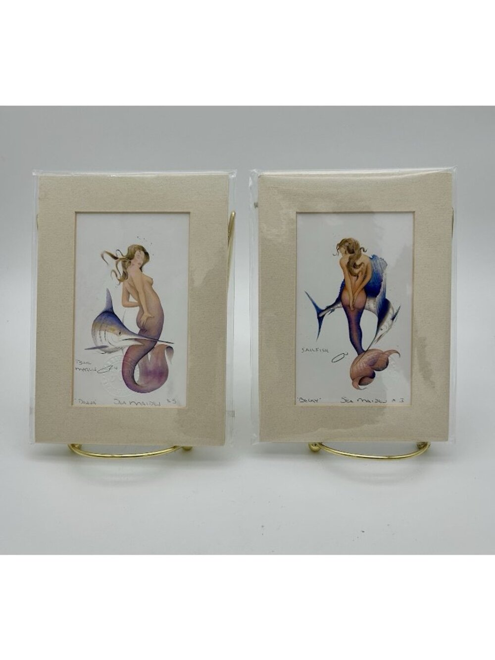 2 Robert Kline Sea Maiden Prints-#3 Becky and #5 Donna-Signed/Stamped-Matted 5x7